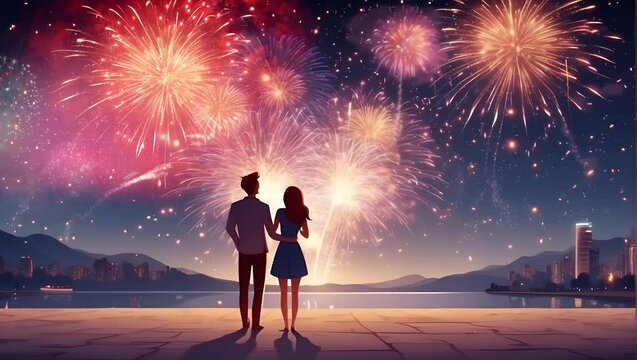 People look up at the night sky and enjoy the colorful explosions of a fireworks display. Couples silhouetted by the flash of bursting pyrotechnics on a cold winter evening. See Less
