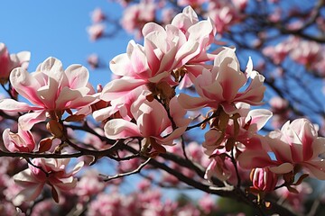 A blooming magnolia tree standing against a clear blue sky on a sunny day.