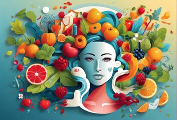 Healthy Organic Diet Nutrition Illustration Concept depicting that good health depends on a healthy lifestyle. - obrazy, fototapety, plakaty
