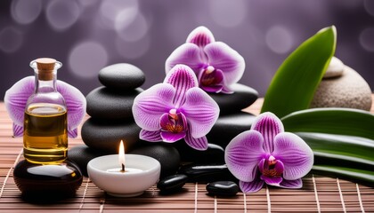 A wooden table with a candle, rocks, and flowers