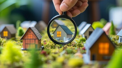 Magnifying glass and house models, real-estate