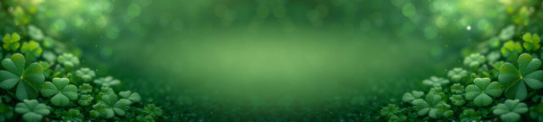 Obraz premium Wide green banner with lots of three-leaf clover shamrocks for St Patricks Day celebration and copy space