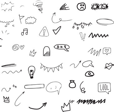 Draw charcoal pen liner doodle texture elements collection. vector illustration