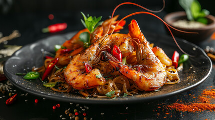 Fried spicy shrimp with vegetables Chinese noodles and spices on a black ceramic plate. Asian cuisine, homemade food. Restaurant.