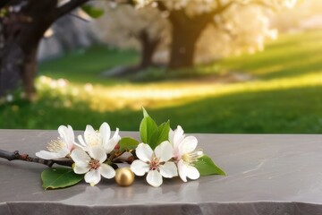 Beauty Display Background Pink Blossoms on white gold marble Table empty natural stone with stems leave for showing packaging and product on blurred background, copy space Spring cherry blossoms style