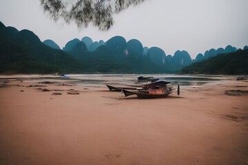 Fototapeta na wymiar Thai traditional wooden longtail boat and beautiful sand Railay Beach in Krabi province. Ao Nang, Thailand.