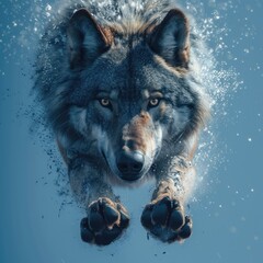wolf is running and jumping in the water