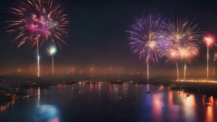 Fototapeta na wymiar City night landscape with fireworks all around the sky above a lake. AI Generated
