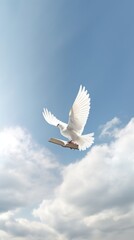 A dove and an open bible in a blue sky floating