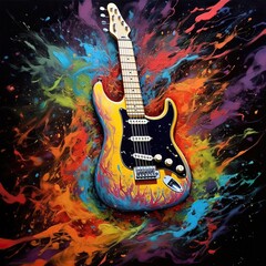 A detailed abstract art painting of a guitar, multiple colours blasting off - obrazy, fototapety, plakaty