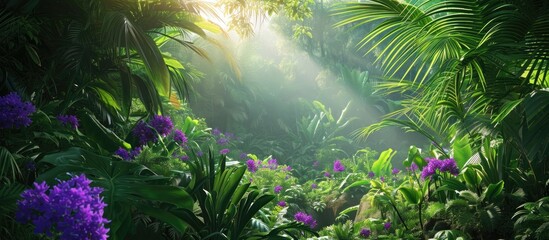 The green and purple flowers are stunning, surrounded by lush greenery with the sun shining above.