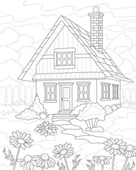 House in the village. Nature, trees, flowers. Vector illustration. Coloring book for adults.