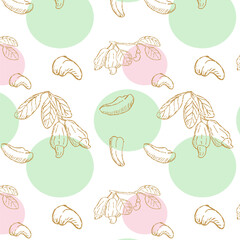 Cashew nuts seamless background with color round. Vector illustration for wrapping paper, textile, food menu background. 