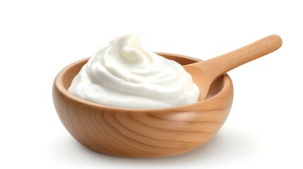 Sour cream in wooden bowl and spoon, mayonnaise

