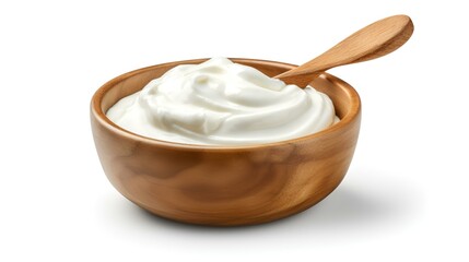 Sour cream in wooden bowl and spoon, mayonnaise

