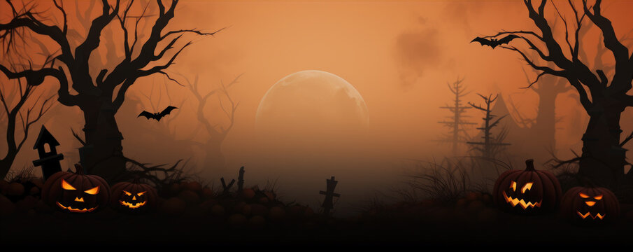 Scary Halloween pumpkins dark background. Halloween background, copy space for text.