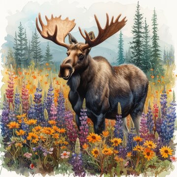 Watercolor Painting of Vibrant Flower Field and Majestic Moose Generative AI