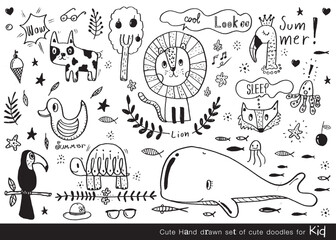 Vector illustration of Doodle cute for kid, Hand drawn set of cute doodles for decoration,Funny Doodle Hand Drawn, Summer, Doodle set of objects from a child's life,Cute animal
