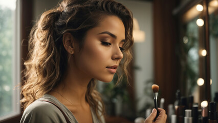 Beautiful young woman is using a brush to brush her face. Wear makeup. closeup face
