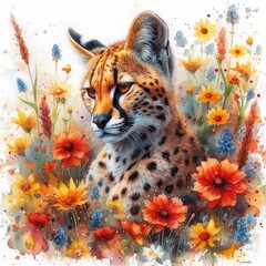 Watercolor Painting of Vibrant Flower Field with a Sincere Serval Generative AI