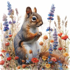 Watercolor Painting of Vibrant Flower Field and Squirrel Generative AI