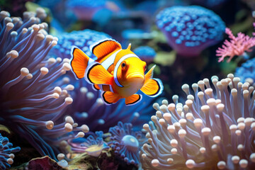 Anemone-a clown fish (Amphiprion percula)11 - obrazy, fototapety, plakaty