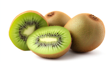 Fototapeta premium Composition of whole and sliced kiwis on a clean white background