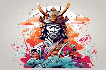 Print design samurai in armor near sakura, t-shirt vector illustration Japanese medieval warriors , ancient soldier
