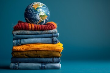 Stack of clothes and planet earth sustainable fashion concept, conscious lifestyle - obrazy, fototapety, plakaty