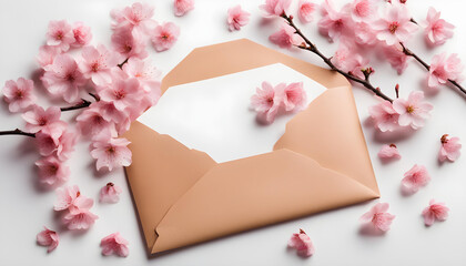 paper envelope full of spring blossom flowers on white background.