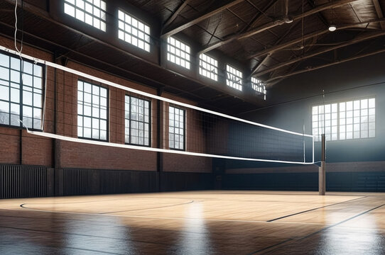 Sports image background: volleyball net in an old empty sports gym. View from below backdrop for team volleyball game. Concept of getting sport, healthy lifestyle and team success. Copy ad text space