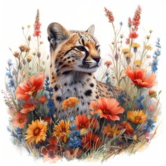 Watercolor Painting of Vibrant Flower Field and Open-minded Ocelot Generative AI