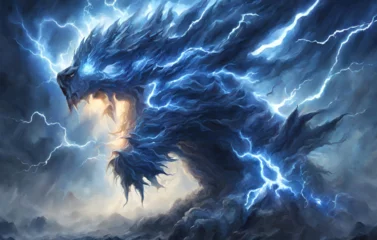 Foto op Canvas A fantasy dragon with a lightning storm in the background  © Arslan