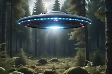 Alien spaceship, flying saucer. A UFO hovered above the ground in the forest.