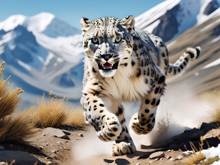 A snow leopard runs against the backdrop of high mountains. Close-up.