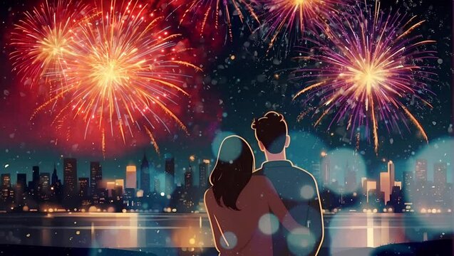 Couple of lovers watch fireworks at night, looking up at the sky. silhouette of a young guy and a girl dancing on the background of colorful fireworks on a holiday. concept of events and holidays