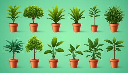 Potted Houseplant, Tree, Grass: A 3D Vector Cartoon Icon Set