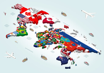 World map where countries are connected with their national flags. Isometric 3d vector illustration - obrazy, fototapety, plakaty