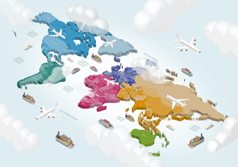 World political map with airplanes, ships and clouds. Isometric 3d vector illustration