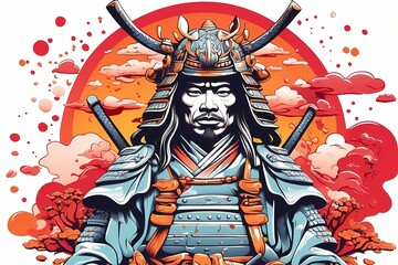 Print design samurai in armor near sakura, t-shirt vector illustration Japanese medieval warriors , ancient soldier