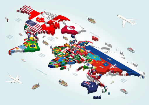 World map where countries are connected with their national flags. Isometric 3d vector illustration