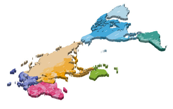 World map centered on Pacific Ocean region. Isometric 3d vector illustration
