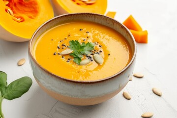 Delicious pumpkin cream soup in bowl on white background