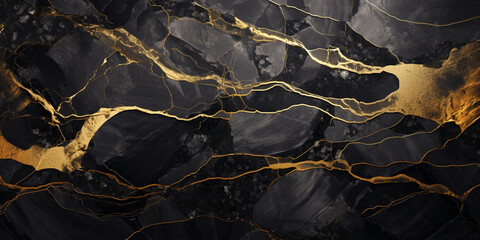 Black and gold marble rough surface black marble natural stone with golden cracks in between .