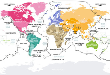 Fototapeta na wymiar Tectonic plates on Earth's surface. World map with names of countries, continents, oceans, main seas and lakes. Vector illustration