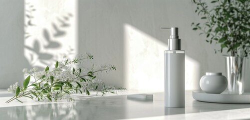 Angular white skincare bottle on a spotless white counter.