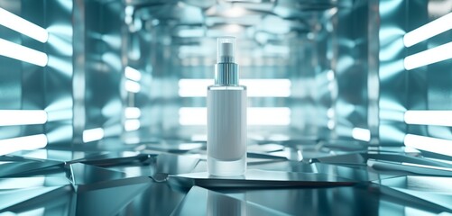 Empty, irregular polygonal skin care bottle on a futuristic metallic surface.