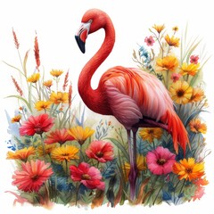Flamingo in Colorful Flower Field Generative AI