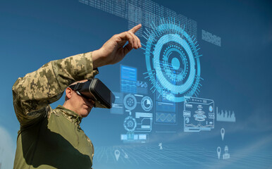 AI technology in the army. Warfare analytic operator using vr virtual reality glasses with...