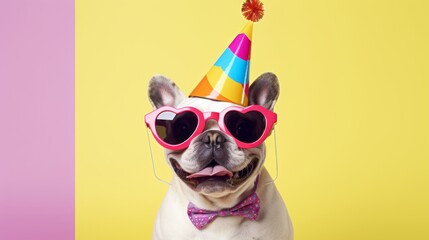 Playful canine celebration: humorous dog in vibrant summer hat and trendy sunglasses on a white...